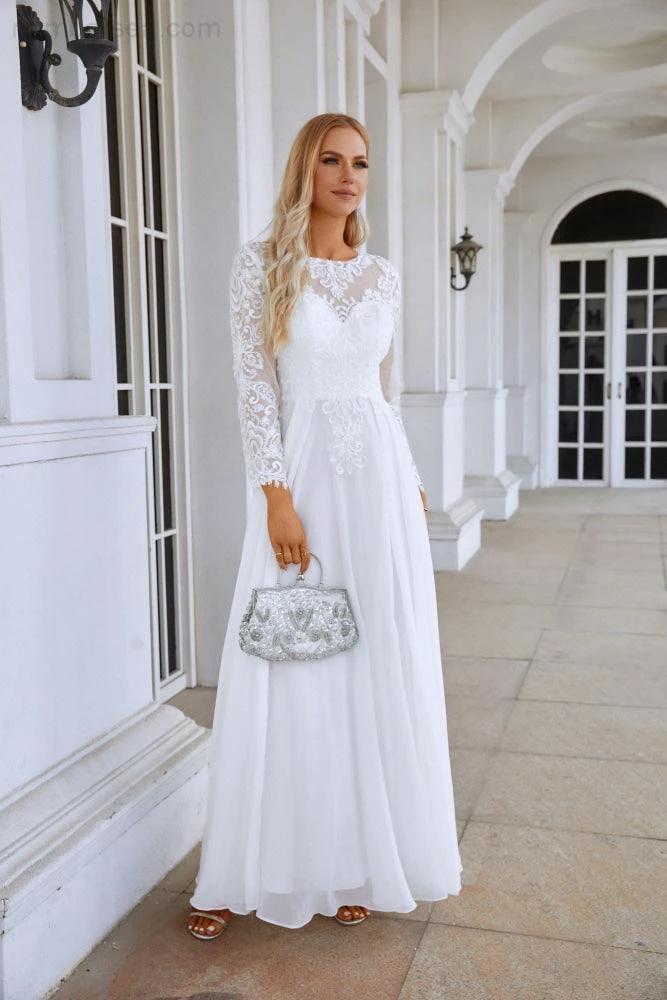 Ladies Round Neck Long Sleeve Front Slit Chiffon Lace Floor Length Bridesmaid Evening Dress Wedding Prom Party Evening Dress 28122 by numbersea