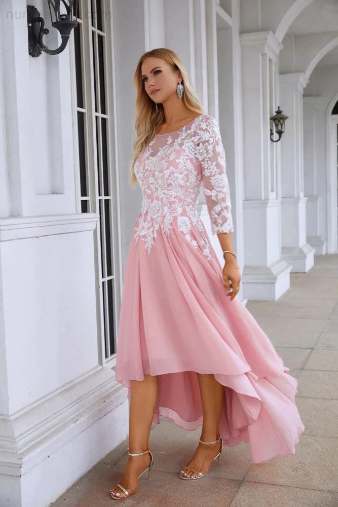 Ladies Round Neck Long Sleeve Chiffon Lace Short Front Short Back Length Length Bridesmaid Evening Dress Wedding Evening Dress 28123 by numbersea