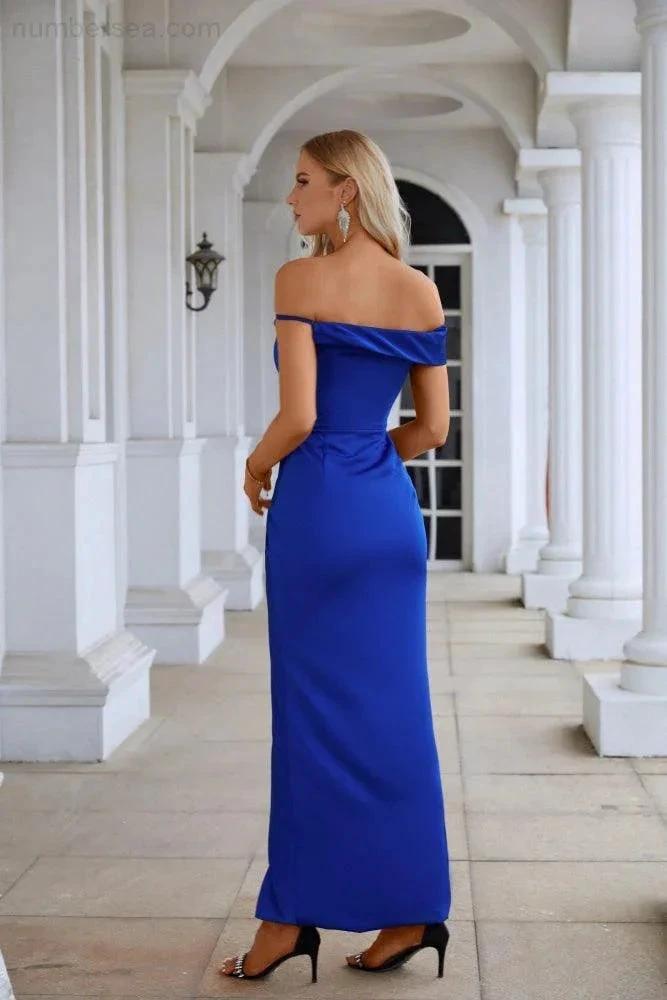 Ladies Satin Off Shoulder Front Slit Mermaid Evening Dress Wedding Party Evening Dress 28125 by numbersea