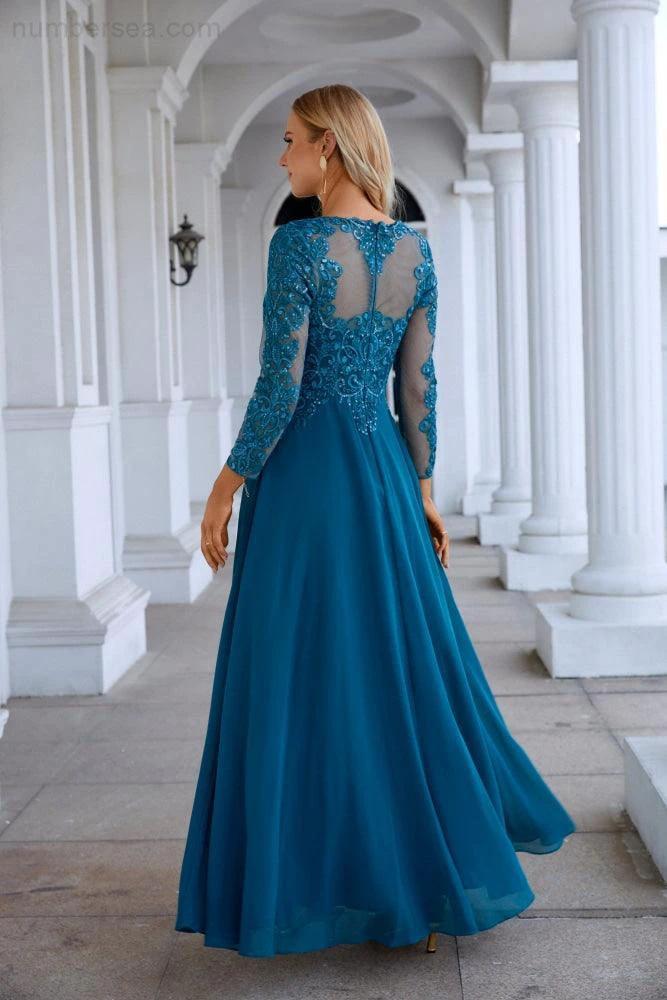 Chiffon Lace Long Sleeve Round Neck Bridesmaid Evening Dress Wedding Party Prom Evening Dress SY28132 by numbersea