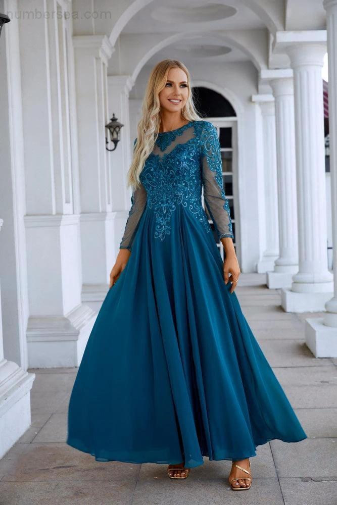 Chiffon Lace Long Sleeve Round Neck Bridesmaid Evening Dress Wedding Party Prom Evening Dress SY28132 by numbersea