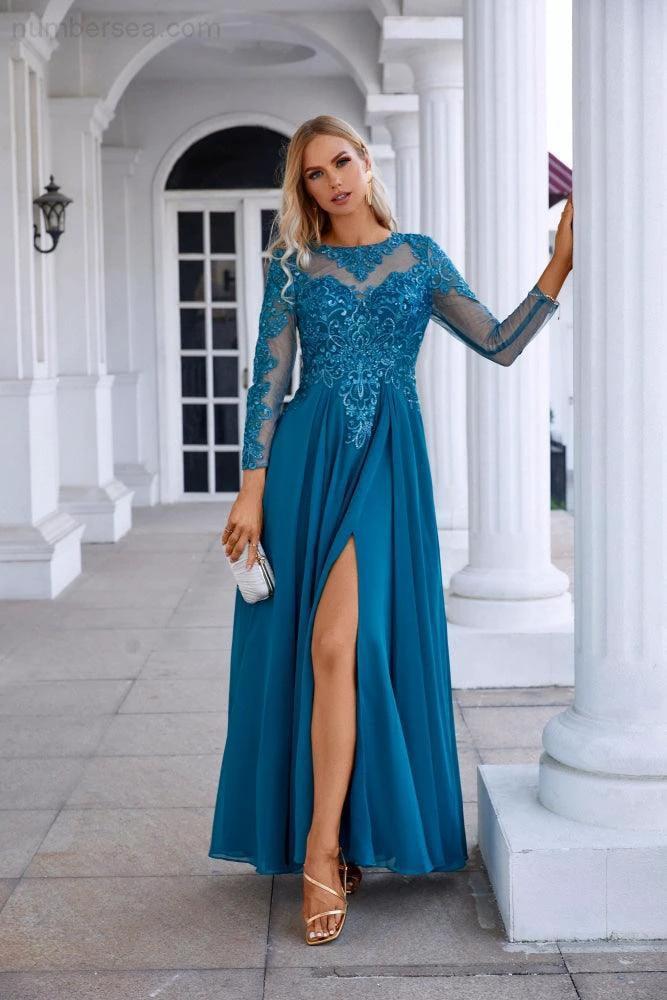 Chiffon Lace Long Sleeve Round Neck Bridesmaid Evening Dress Wedding Party Prom Evening Dress SY28132 by numbersea