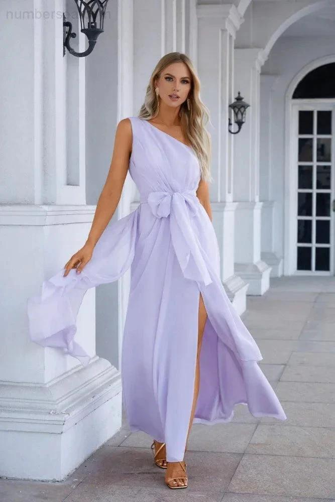 One Shoulder Sleeveless Chiffon Bow Bridesmaid Evening Dress Wedding Prom Party Evening Dress SEA28133 by numbersea