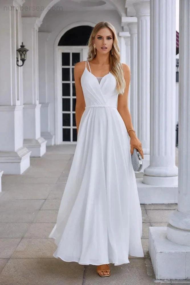 Ladies Spaghetti Strap Belt Chiffon Bridesmaid Evening Dress Prom Wedding Party Evening Dress 28134 by numbersea