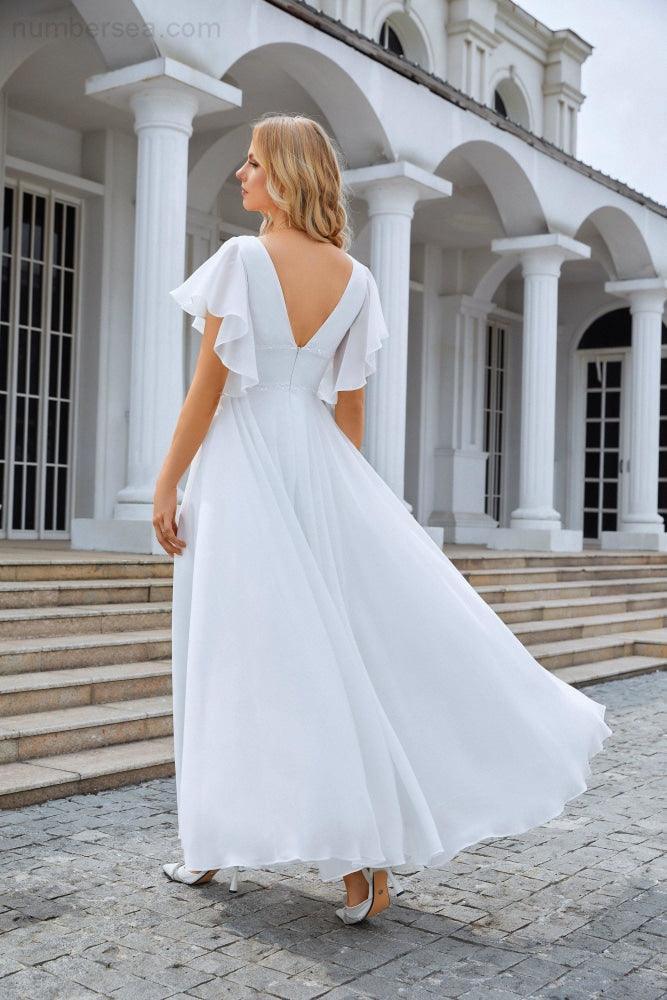 Abito da sera da damigella con scollo a V, maniche a volant in chiffon, per matrimonio in spiaggia, festa serale 28097
