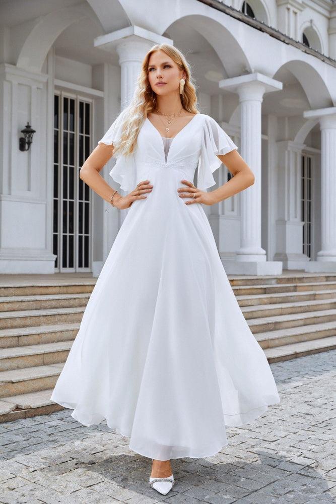 Abito da sera da damigella con scollo a V, maniche a volant in chiffon, per matrimonio in spiaggia, festa serale 28097