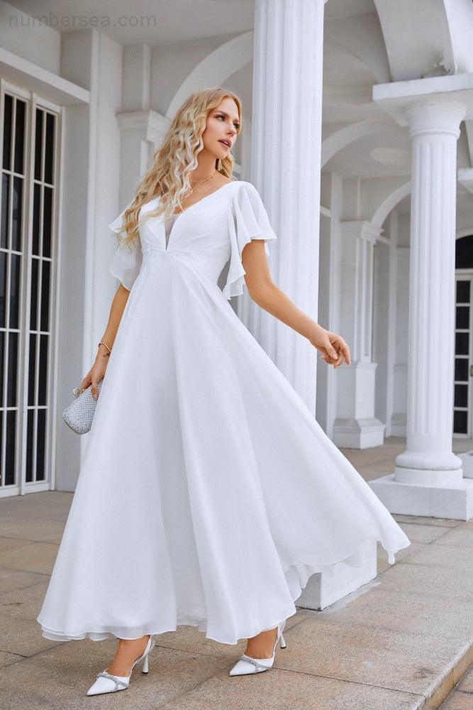 Abito da sera da damigella con scollo a V, maniche a volant in chiffon, per matrimonio in spiaggia, festa serale 28097