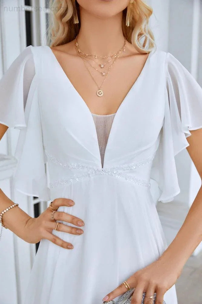 Abito da sera da damigella con scollo a V, maniche a volant in chiffon, per matrimonio in spiaggia, festa serale 28097