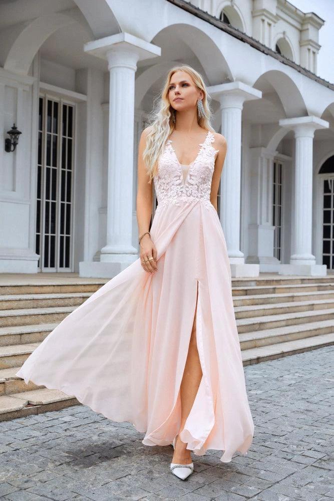 Numbersea Ladies V Neck Front Slit Lace Spaghetti Strap Chiffon Bridesmaid Dress Party Wedding Evening Dress 28088 by numbersea