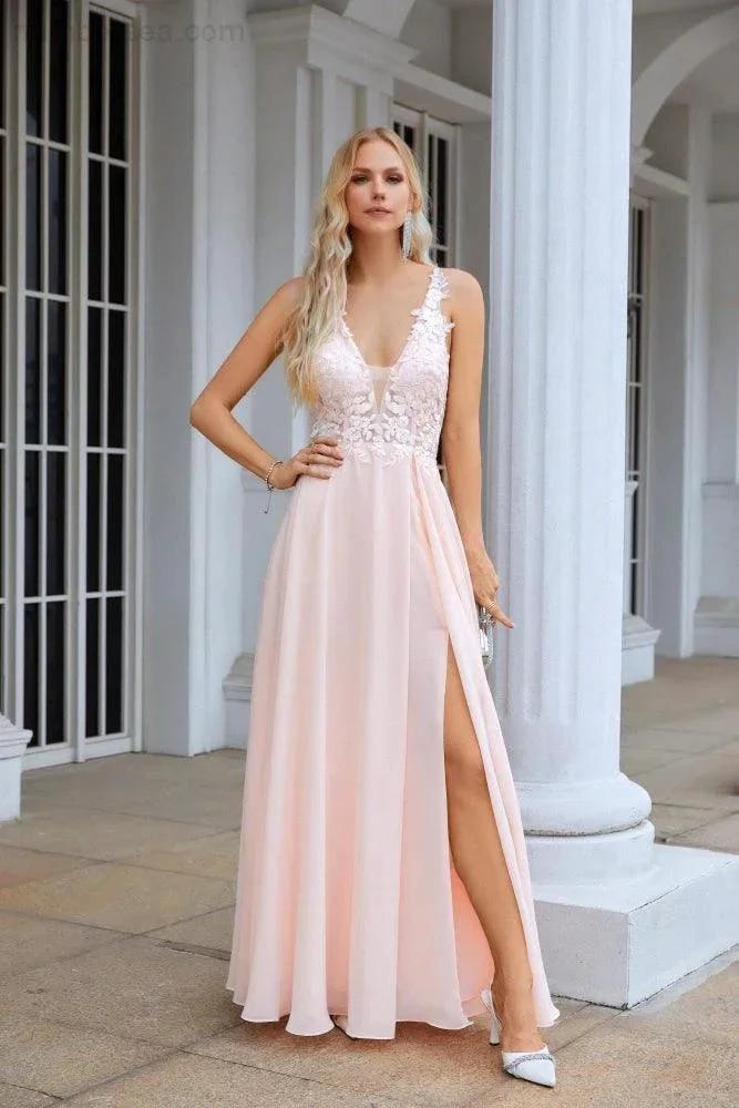 Numbersea Ladies V Neck Front Slit Lace Spaghetti Strap Chiffon Bridesmaid Dress Party Wedding Evening Dress 28088 by numbersea