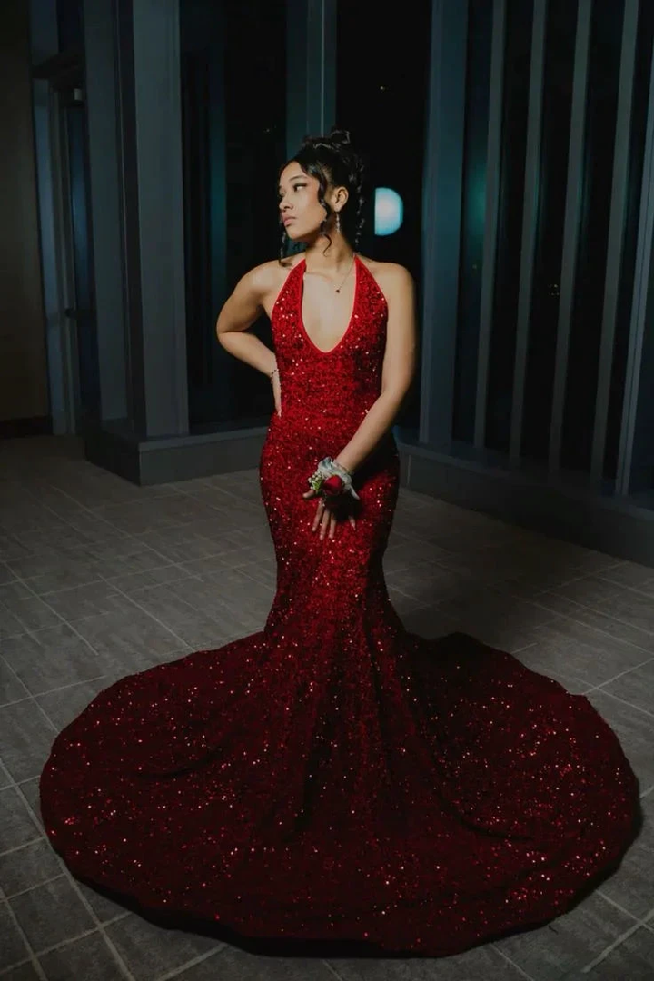 Glitter Red Sequins Mermaid Evening Dress With Train Y5567 by simplepromdress