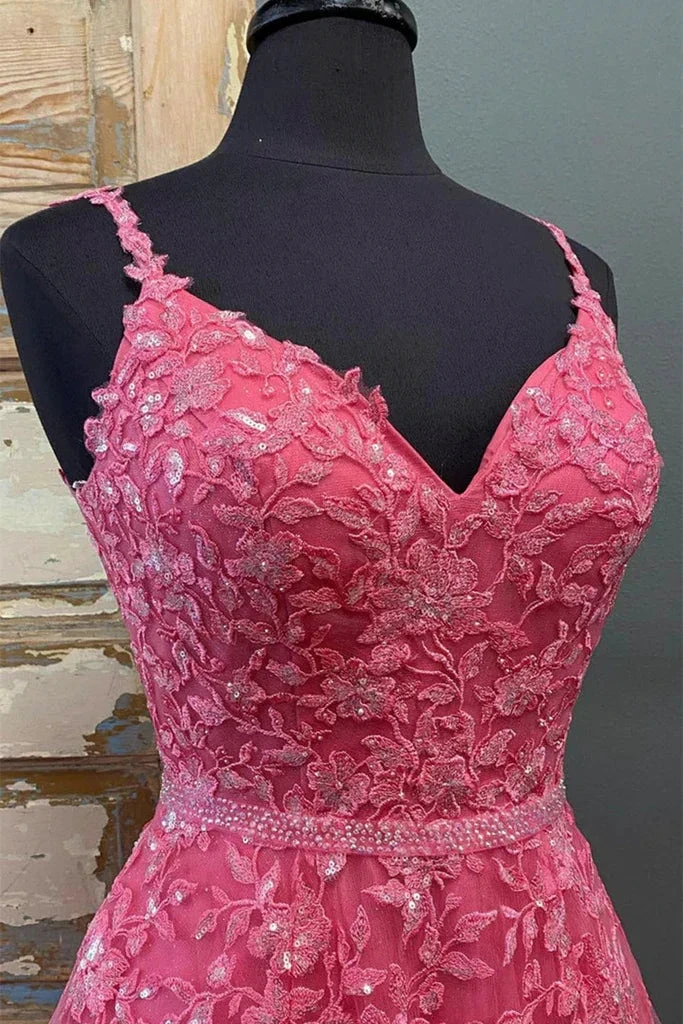 A Line V Neck Beaded Hot Pink Lace Long Prom Dress, Hot Pink Lace Formal Graduation Evening Dress Y216 by simplepromdress