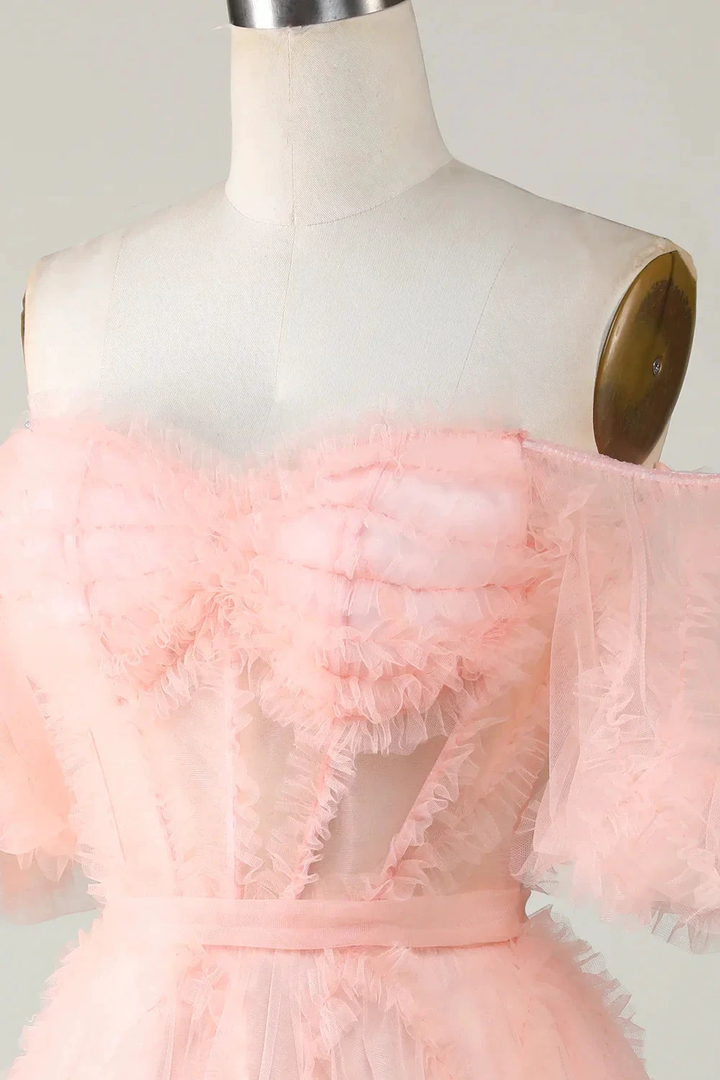 Blush Tulle Off The Shoulder Short Homecoming Dress Y2616 by simplepromdress