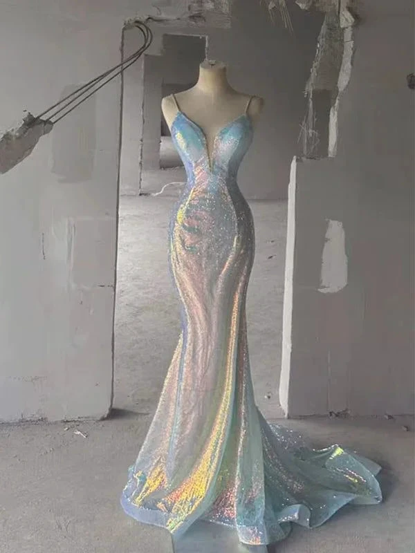 Sparkly Spaghetti Straps Sequins Mermaid V-neck Backless Long Prom Dresses Evening Dresses Y7804 by simplepromdress