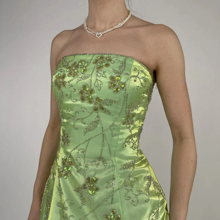 Strapless Green Satin Beaded A Line Prom Dress Evening Dress Y8412 by simplepromdress