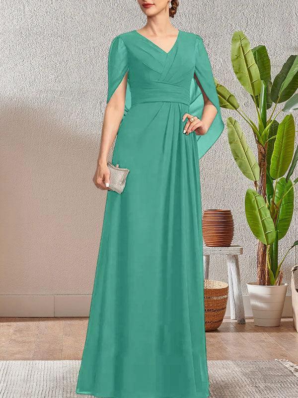 Dark Navy A-Line V-Neck Long Mother of Bride Dress by Dreamylily