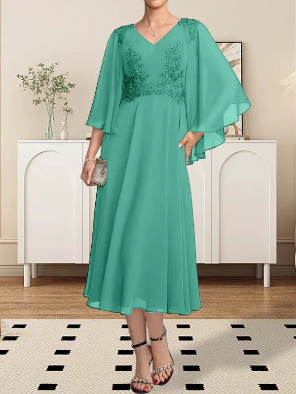 A-line V-Neck Tea-Length Chiffon Lace Mother of the Bride Dress With Beading Sequins by Dreamylily