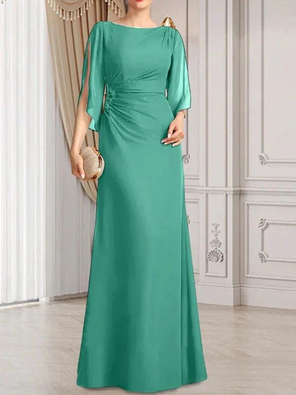 Sheath/Column Scoop Floor-Length Chiffon Mother of the Bride Dress With Pleated Beading by Dreamylily