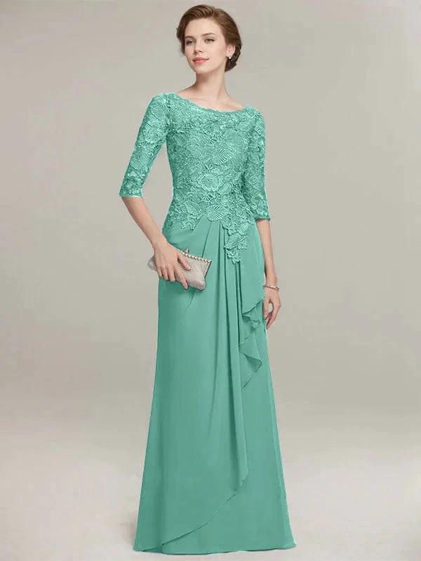 A-line Scoop Illusion Floor-Length Lace Chiffon Mother of the Bride Dress With Cascading Ruffles by Dreamylily