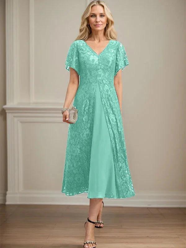 A-line V-Neck Tea-Length Lace Chiffon Mother of the Bride Dress by Dreamylily