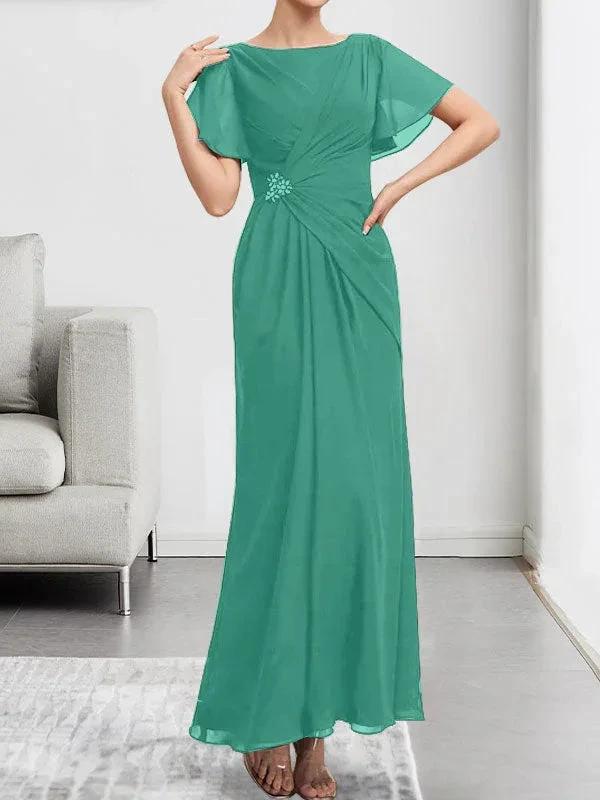 A-line Scoop Ankle-Length Chiffon Mother of the Bride Dress With Beading Pleated by Dreamylily