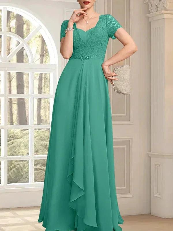 A-line Sweetheart Floor-Length Chiffon Lace Mother of the Bride Dress With Beading Cascading Ruffles by Dreamylily