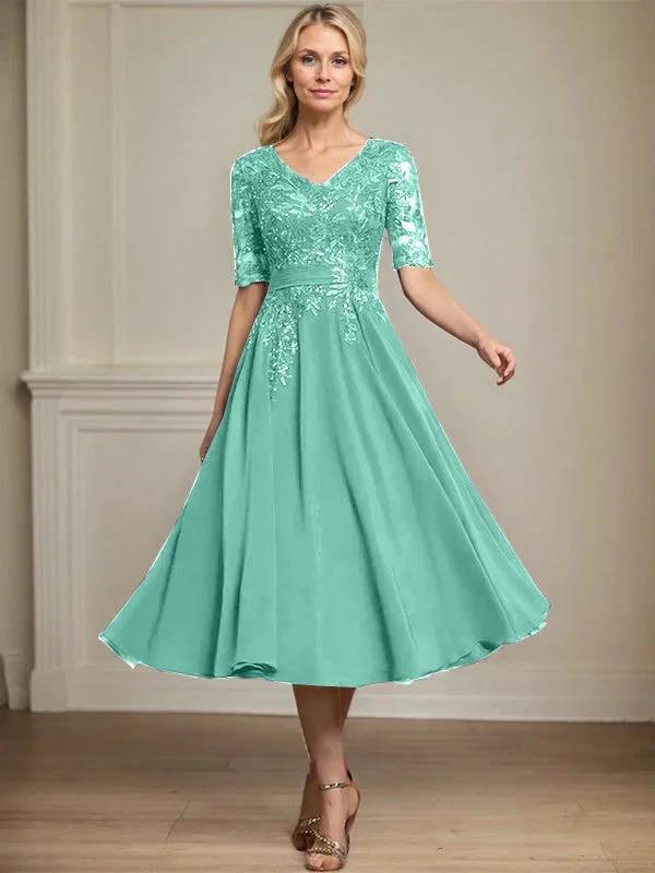 A-line V-Neck Tea-Length Lace Chiffon Mother of the Bride Dress With Sequins by Dreamylily