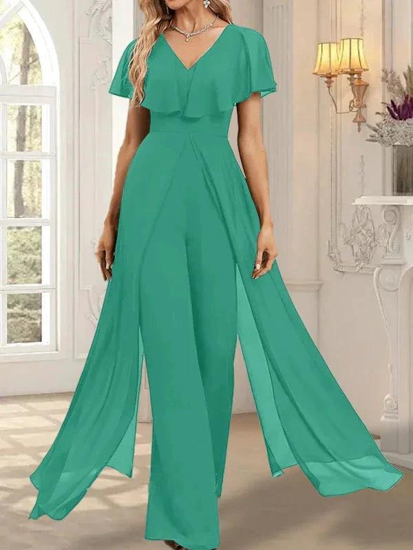 Jumpsuit/Pantsuit V-Neck Floor-Length Chiffon Evening Dress by Dreamylily
