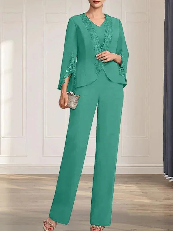 Separates Jumpsuit/Pantsuit V-Neck Floor-Length Chiffon Mother of the Bride Dress by Dreamylily