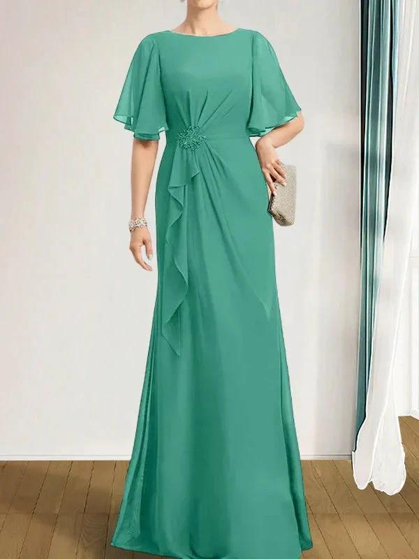 A-line Scoop Floor-Length Chiffon Mother of the Bride Dress With Cascading Ruffles Beading Sequins by Dreamylily