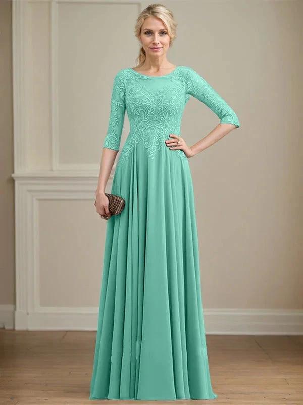 A-line Scoop Illusion Floor-Length Lace Chiffon Mother of the Bride Dress With Sequins by Dreamylily