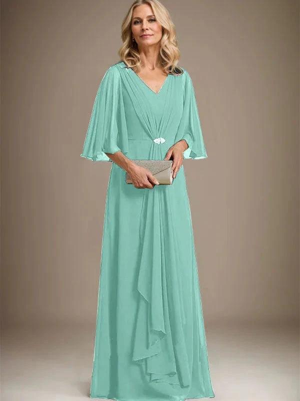 A-line V-Neck Floor-Length Chiffon Mother of the Bride Dress With Cascading Ruffles Crystal Brooch by Dreamylily