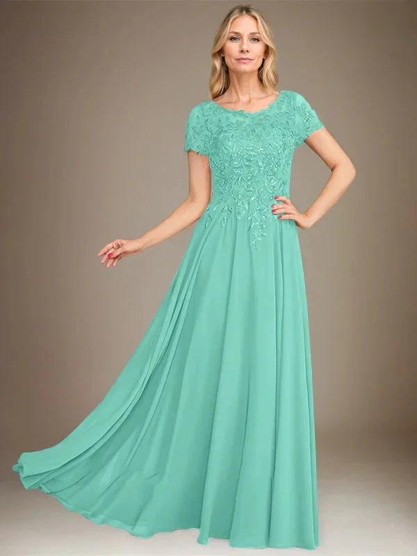 A-Line Scoop Floor-Length Chiffon Mother of the Bride Dress With Applique &amp; Sequins by Dreamylily
