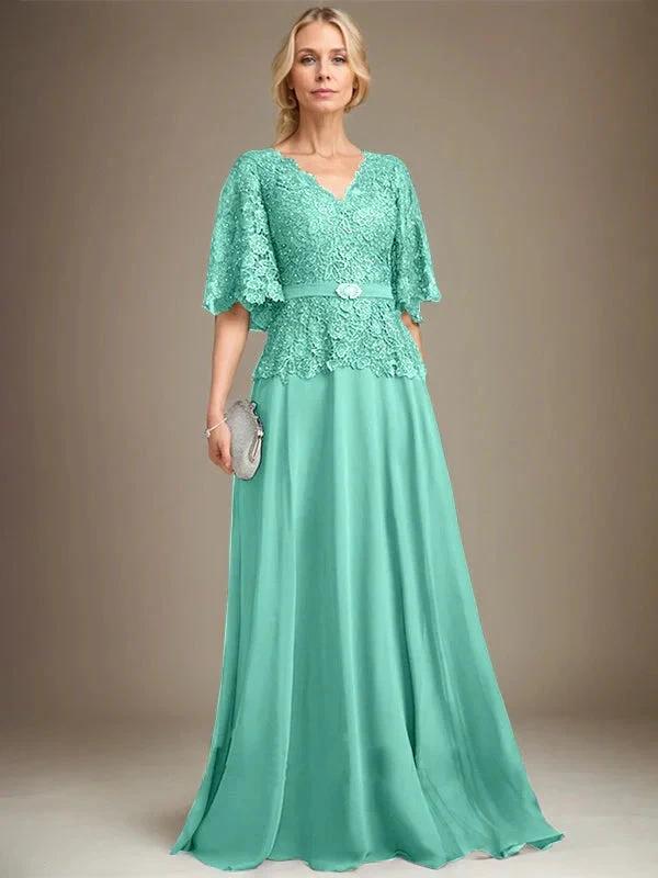 A-line V-Neck Floor-Length Chiffon Lace Mother of the Bride Dress With Crystal Brooch Rhinestone by Dreamylily
