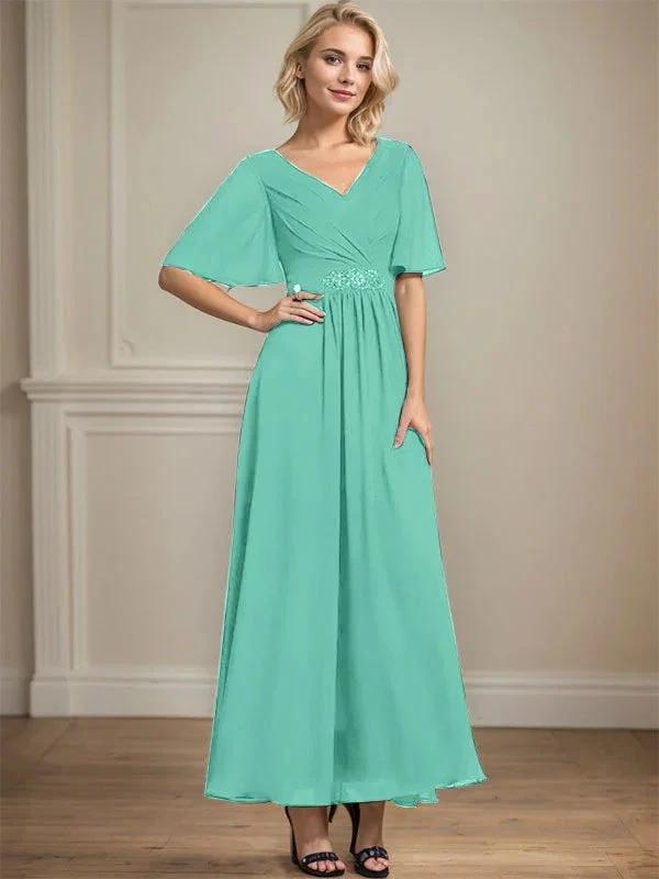 A-line V-Neck Ankle-Length Chiffon Mother of the Bride Dress With Pleated Beading Sequins by Dreamylily