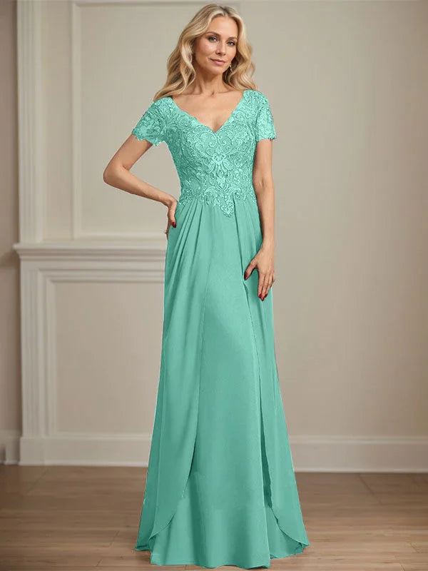 A-line V-Neck Floor-Length Chiffon Lace Mother of the Bride Dress by Dreamylily