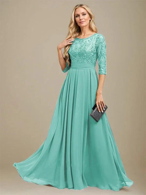 A-Line Scoop Floor-Length Lace Chiffon Mother Of the Bride Dress With Sequins Applique by Dreamylily