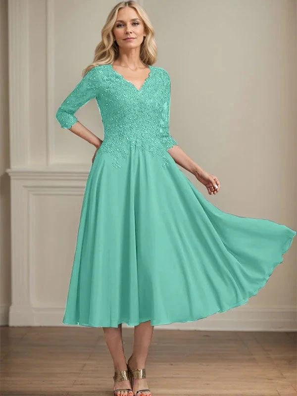 A-line V-Neck Tea-Length Chiffon Lace Mother of the Bride Dress With Beading Sequins by Dreamylily