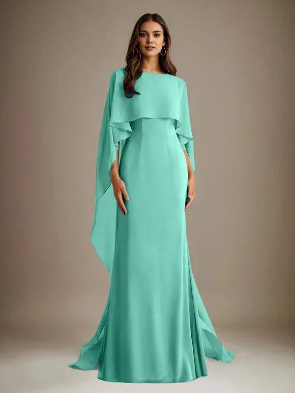Sheath/Column Boatneck Floor-Length Chiffon Mother of the Bride Dress With Cascading Ruffles by Dreamylily