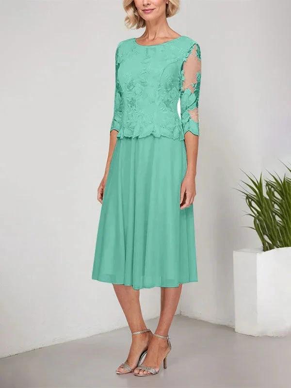 A-line Scoop Tea-Length Lace Chiffon Mother of the Bride Dress With Embroidery by Dreamylily
