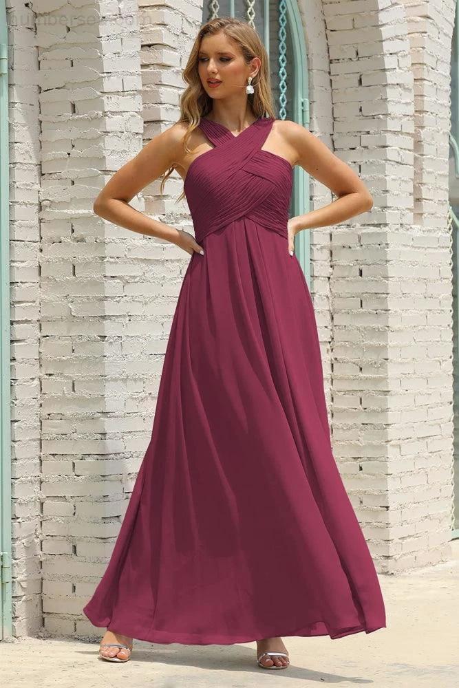 Numbersea Women Halter Chiffon Bridesmaid Dress A-line Long Formal Prom Gown SEA28015 by numbersea