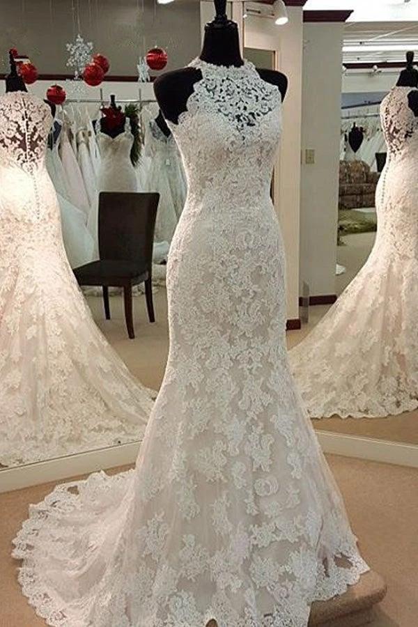 Jewel Neck Mermaid Lace Applique Sleeveless Wedding Dresses WD182 by pgmdress