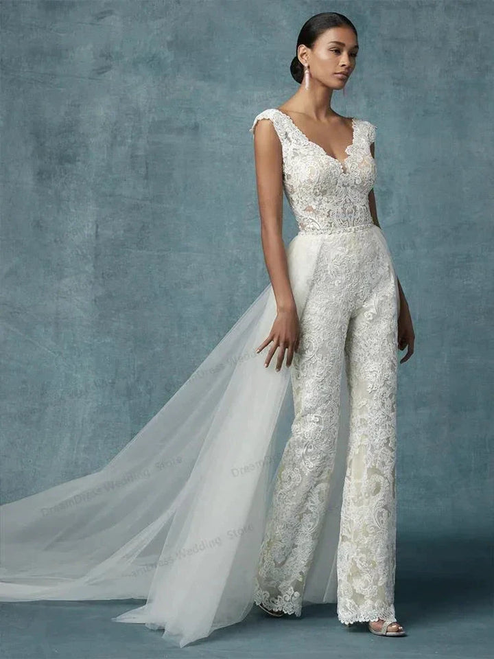 Wedding Dresses With Detachable Train Bride Pants Suit Lace Appliqued Sleeveless Women Brides Outfits Backless Custom by payinti