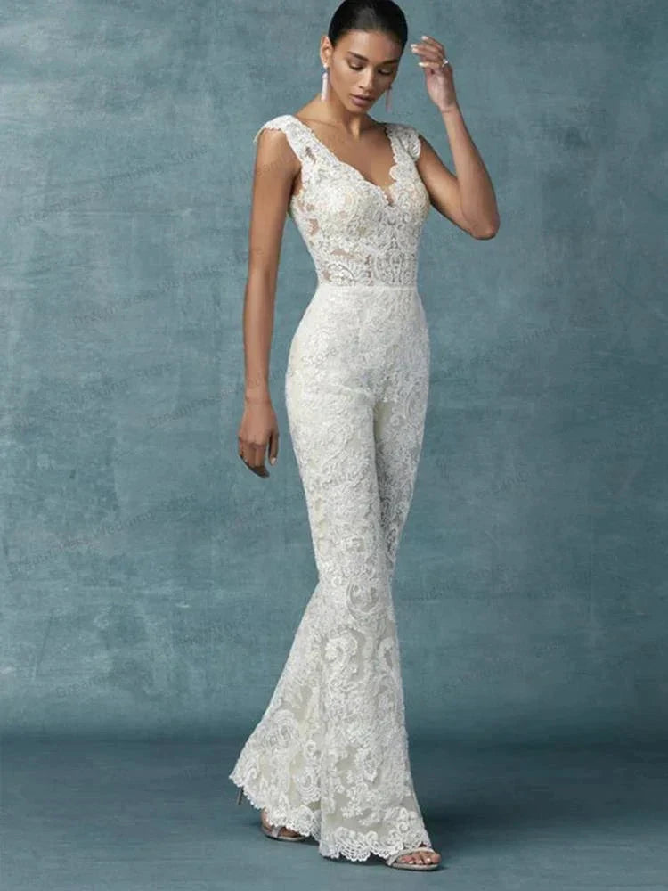 Wedding Dresses With Detachable Train Bride Pants Suit Lace Appliqued Sleeveless Women Brides Outfits Backless Custom by payinti