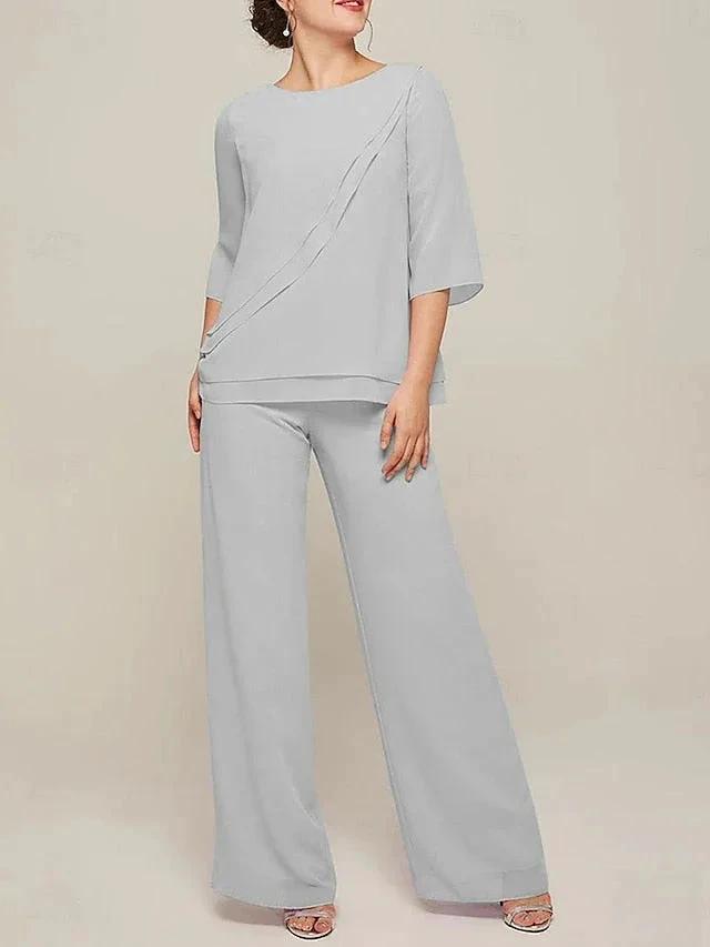 Jumpsuits Scoop Half Sleeves Chiffon Mother Of The Bride Pantsuits with Ruffles by Dreamylily