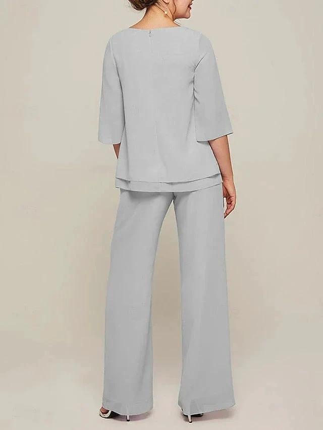 Jumpsuits Scoop Half Sleeves Chiffon Mother Of The Bride Pantsuits with Ruffles by Dreamylily