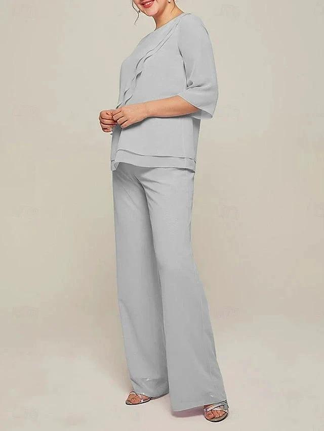Jumpsuits Scoop Half Sleeves Chiffon Mother Of The Bride Pantsuits with Ruffles by Dreamylily