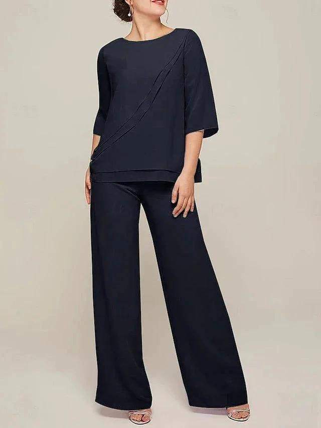 Jumpsuits Scoop Half Sleeves Chiffon Mother Of The Bride Pantsuits with Ruffles by Dreamylily