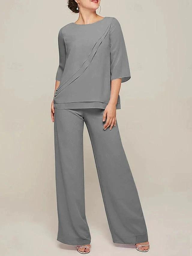 Jumpsuits Scoop Half Sleeves Chiffon Mother Of The Bride Pantsuits with Ruffles by Dreamylily