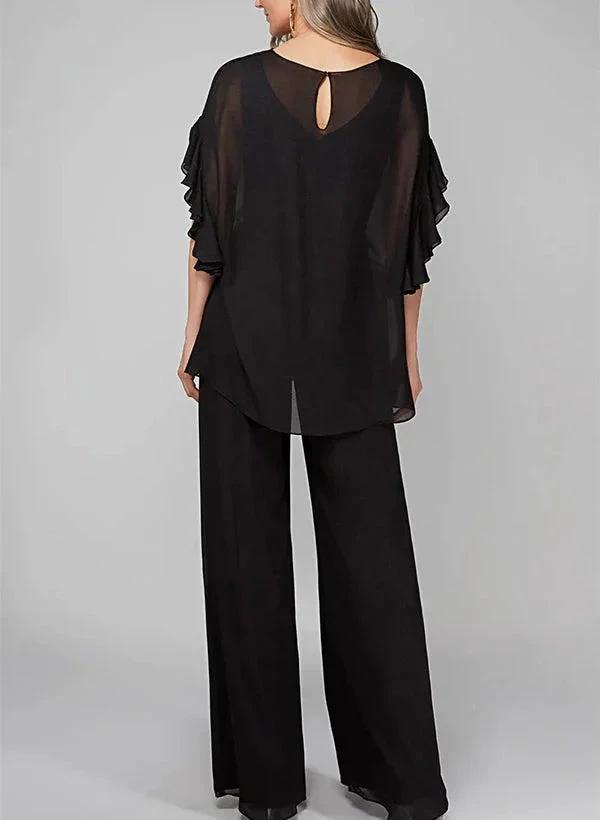 Jumpsuits Scoop Half Sleeves Chiffon Mother Of The Bride Pantsuits by Dreamylily